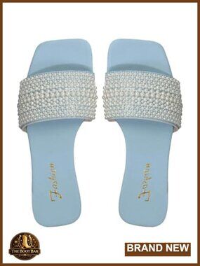 Single Strap Square Toe Pearl Decor Slide Sandals Flat